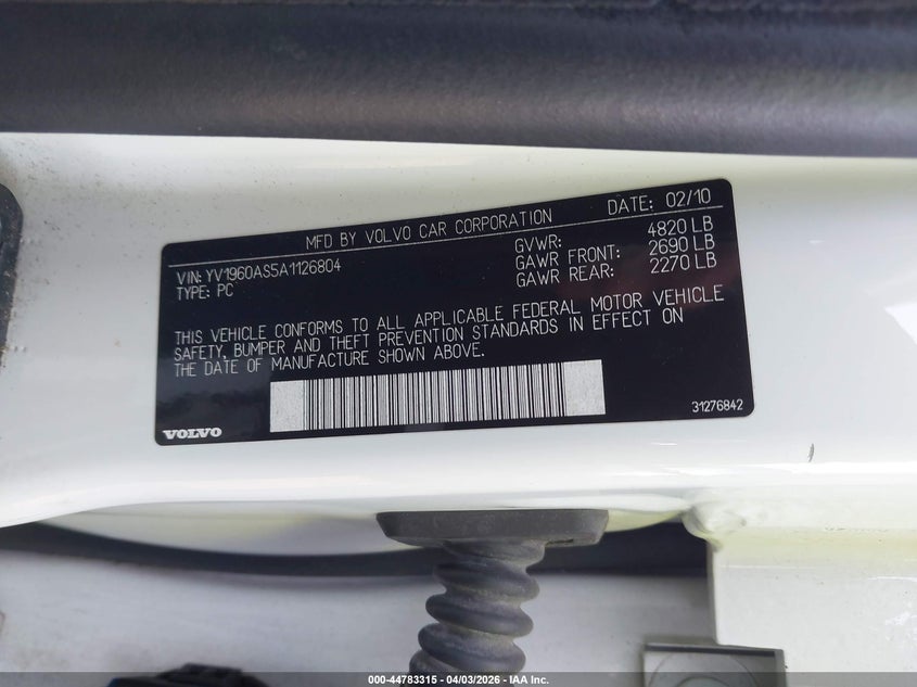 2010 Volvo S80 3.2 VIN: YV1960AS5A1126804 Lot: 44783315