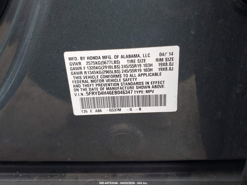 2014 Acura Mdx Technology Package VIN: 5FRYD4H46EB046347 Lot: 44783346