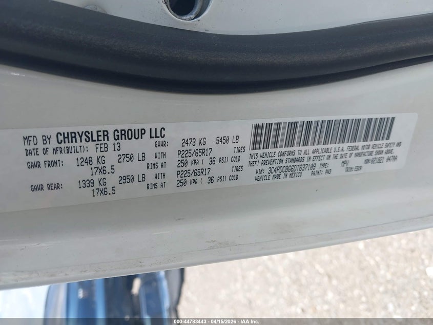 2013 Dodge Journey Sxt VIN: 3C4PDCBG6DT637109 Lot: 44783443