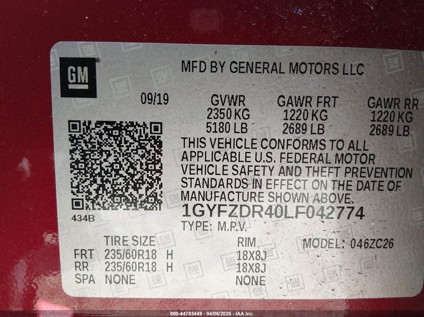 2020 Cadillac Xt4 Awd Premium Luxury VIN: 1GYFZDR40LF042774 Lot: 44783449