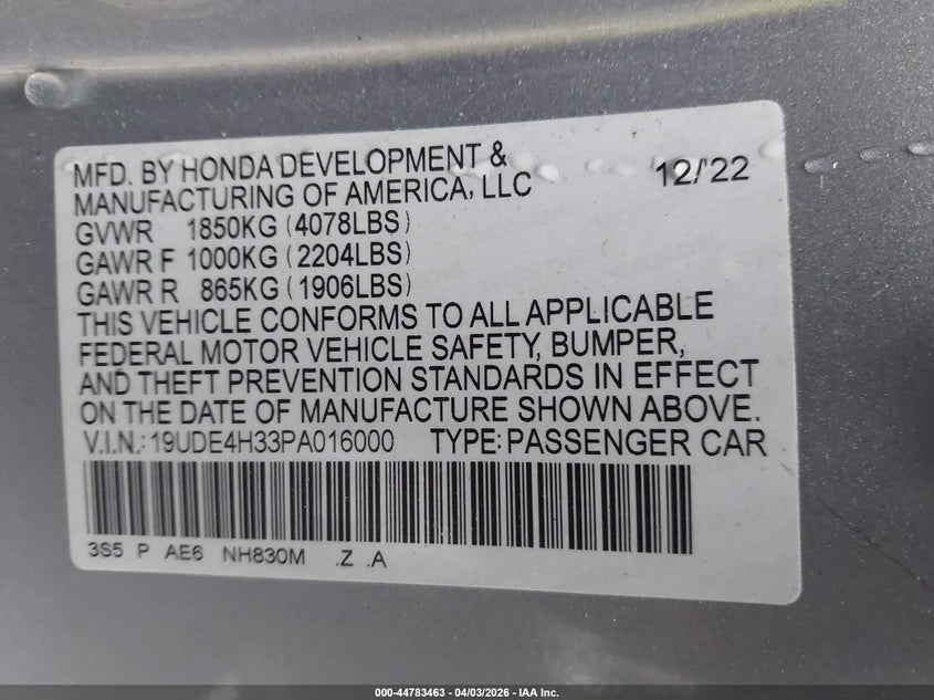 2023 Acura Integra A-Spec VIN: 19UDE4H33PA016000 Lot: 44783463