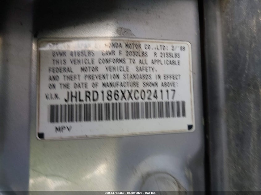 1999 Honda Cr-V Ex VIN: JHLRD186XXC024117 Lot: 44783469