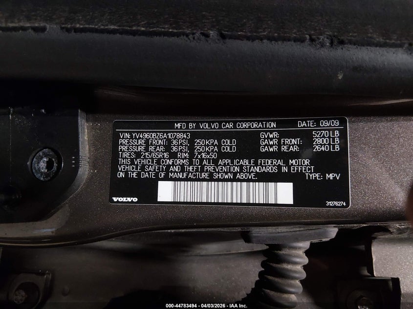 2010 Volvo Xc70 3.2 VIN: YV4960BZ6A1078843 Lot: 44783494