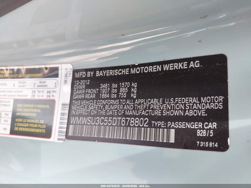 2013 Mini Hardtop Cooper VIN: WMWSU3C55DT678802 Lot: 44783535
