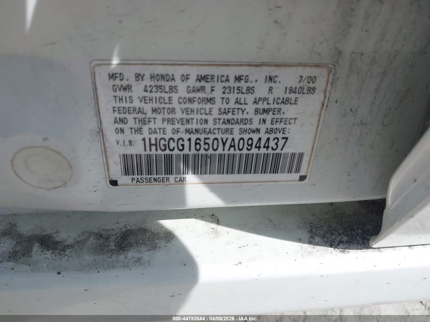 2000 Honda Accord 3.0 Ex VIN: 1HGCG1650YA094437 Lot: 44783544