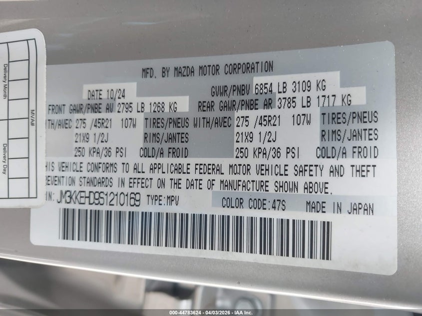 2025 Mazda Cx-90 3.3 Turbo Premium Plus Package VIN: JM3KKEHD9S1210169 Lot: 44783624