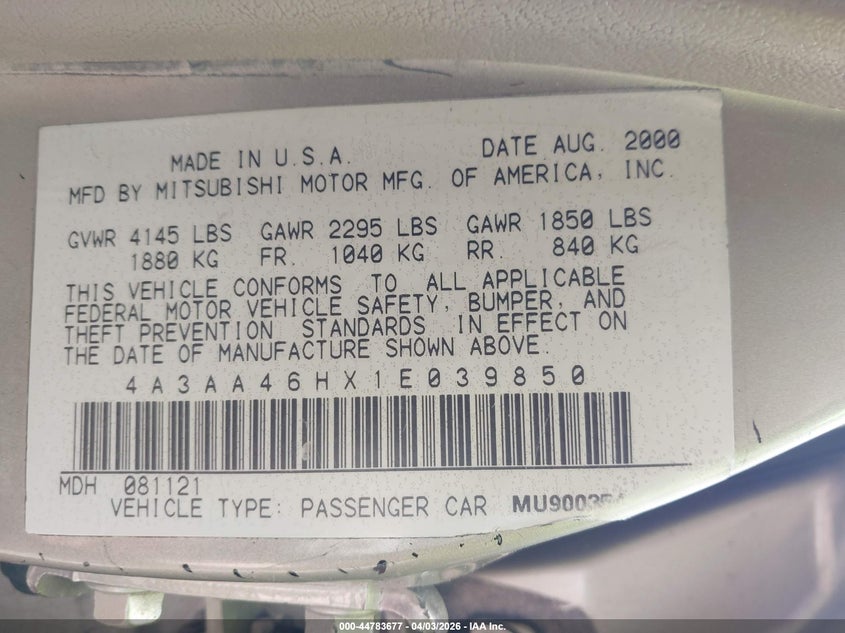 2001 Mitsubishi Galant Es V6/Gtz VIN: 4A3AA46HX1E039850 Lot: 44783677