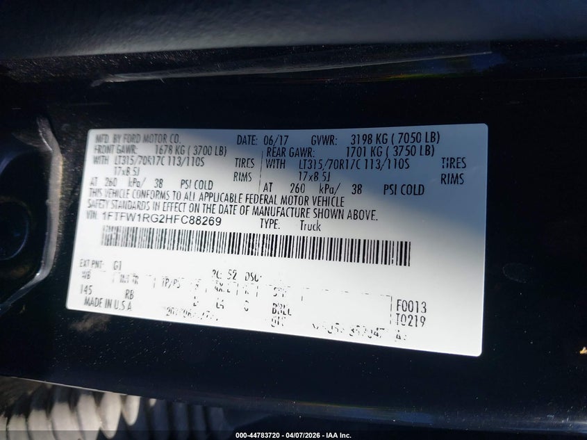 VIN 1FTFW1RG2HFC88269 2017 FORD F-150 RAPTOR