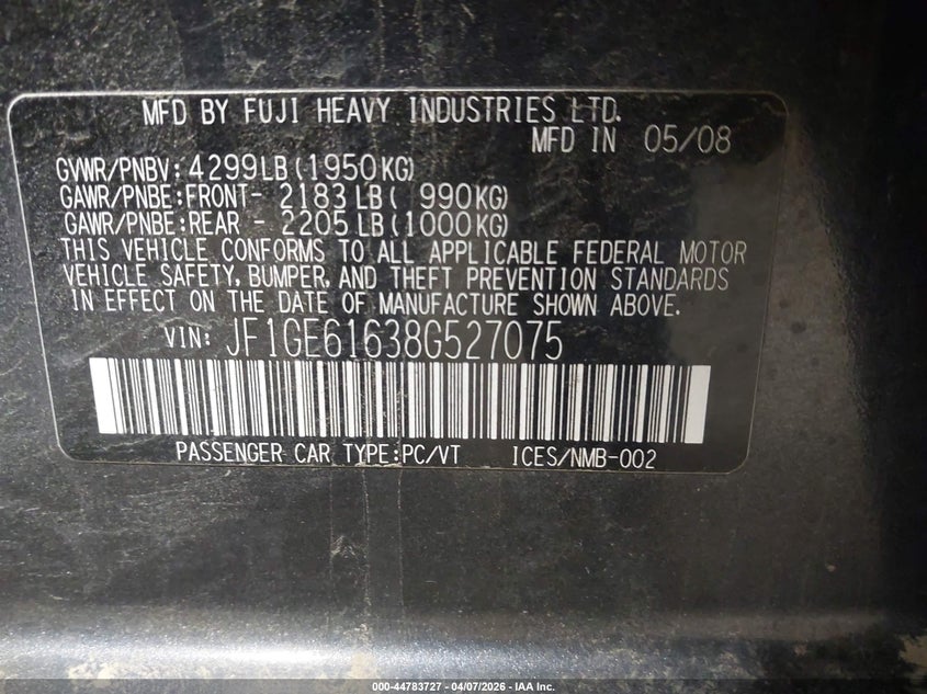 2008 Subaru Impreza 2.5I VIN: JF1GE61638G527075 Lot: 44783727