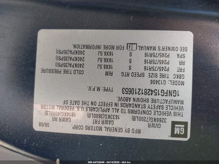 2008 Chevrolet Express Ls VIN: 1GNFG154281210653 Lot: 44783849