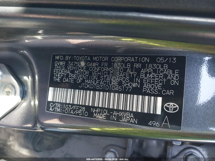 2013 Toyota Prius C Two VIN: JTDKDTB31D1045177 Lot: 44783885