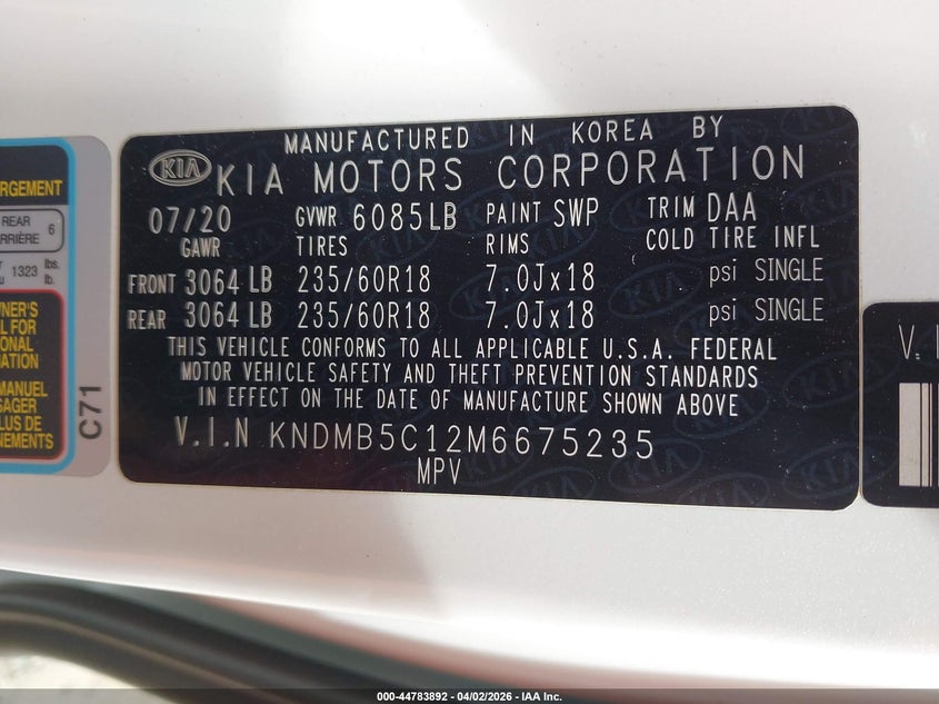 VIN KNDMB5C12M6675235 2021 KIA SEDONA EX