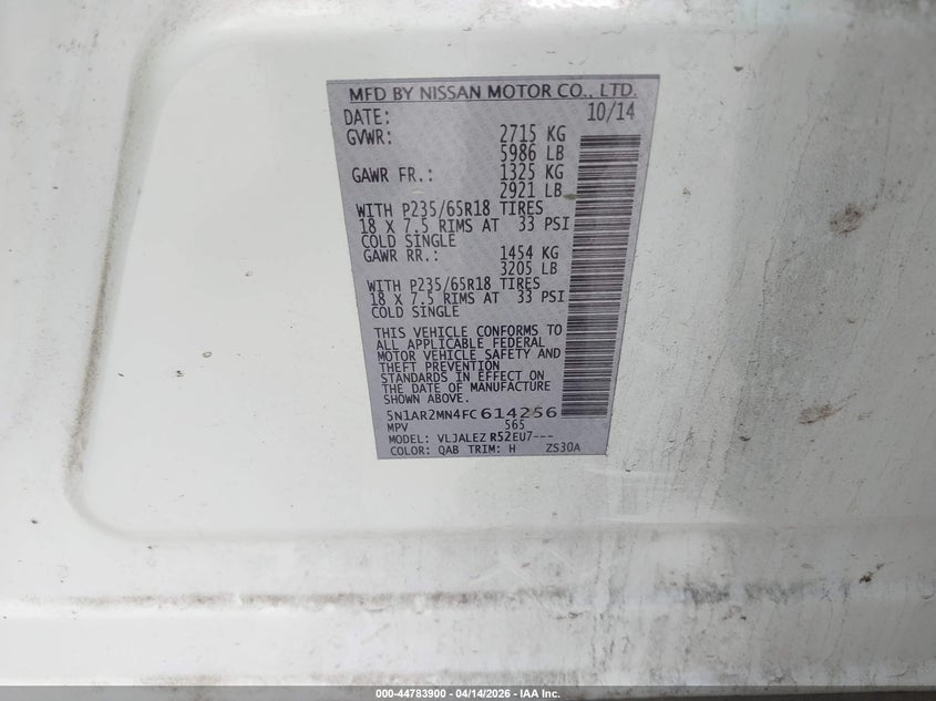 2015 Nissan Pathfinder Sv VIN: 5N1AR2MN4FC614256 Lot: 44783900