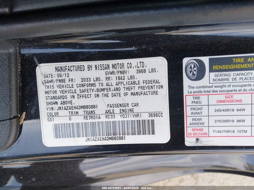 2013 Nissan 370Z Touring VIN: JN1AZ4EH4DM880881 Lot: 44783951