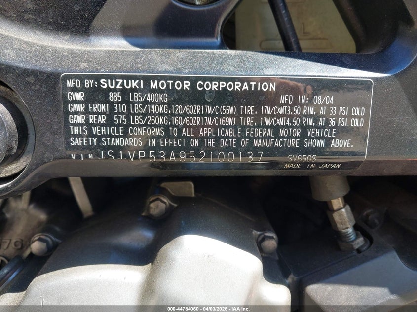 2005 Suzuki Sv650 VIN: JS1VP53A952100137 Lot: 44784060