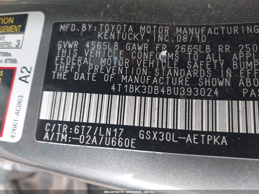 2011 Toyota Avalon Limited VIN: 4T1BK3DB4BU393024 Lot: 44784179