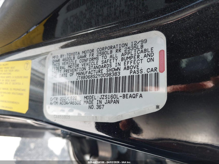 2000 Lexus Gs 300 VIN: JT8BD68S2Y009383 Lot: 44784186