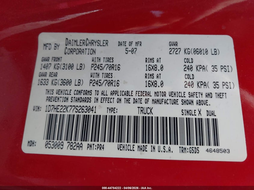2007 Dodge Dakota St VIN: 1D7HE22K77S263041 Lot: 44784222