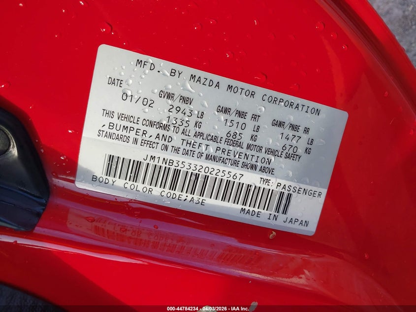 2002 Mazda Mx-5 Miata Cloth/Ls/Se VIN: JM1NB353320225567 Lot: 44784234