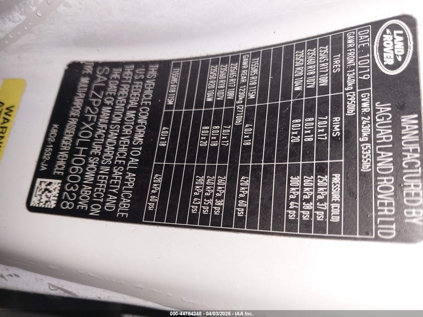 2020 Land Rover Range Rover Evoque Se VIN: SALZP2FX0LH060328 Lot: 44784248