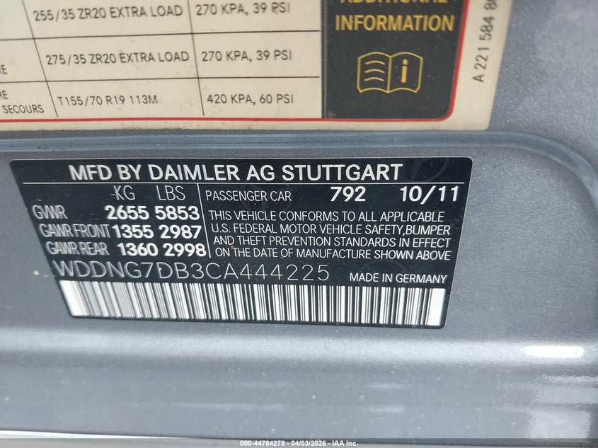 2012 Mercedes-Benz S 550 VIN: WDDNG7DB3CA444225 Lot: 44784278