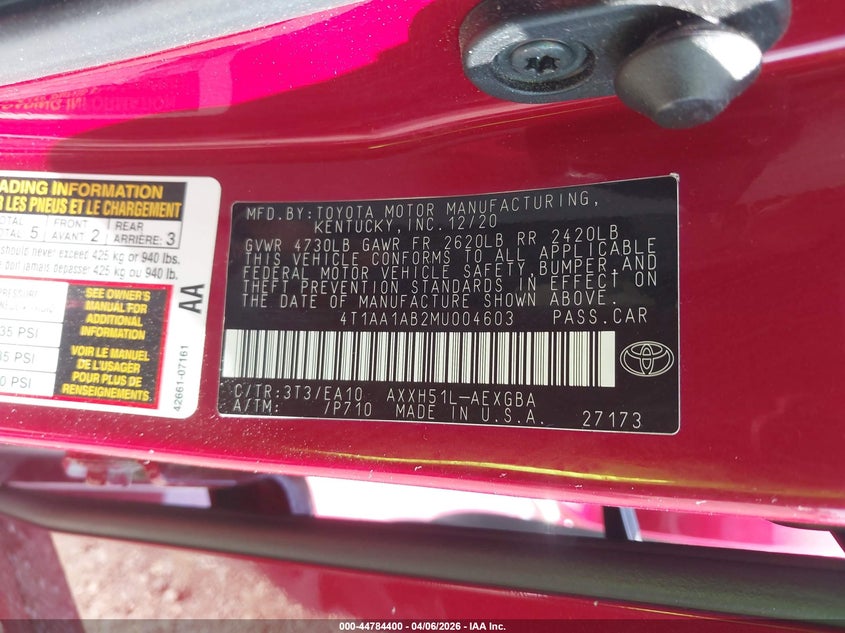 2021 Toyota Avalon Xle Hybrid VIN: 4T1AA1AB2MU004603 Lot: 44784400