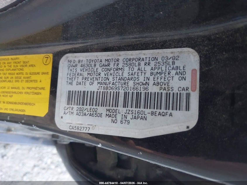 2002 Lexus Gs 300 VIN: JT8BD69S720166196 Lot: 44784418