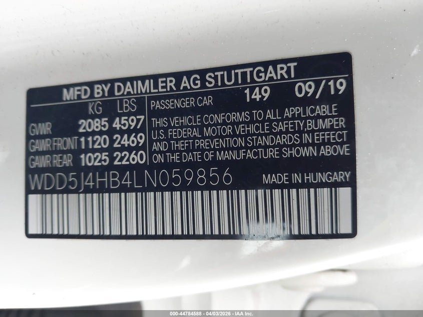 2020 Mercedes-Benz Cla 250 4Matic VIN: WDD5J4HB4LN059856 Lot: 44784588