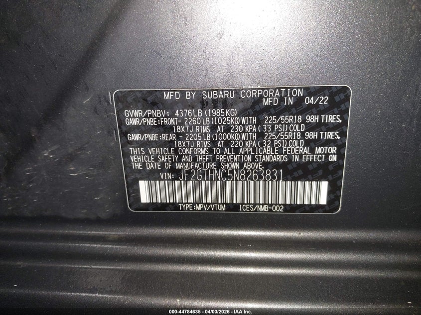 2022 SUBARU XV SPORT UTILITY VEHICLE 2.5L H-4 DI, DOHC, VVT, 182HP