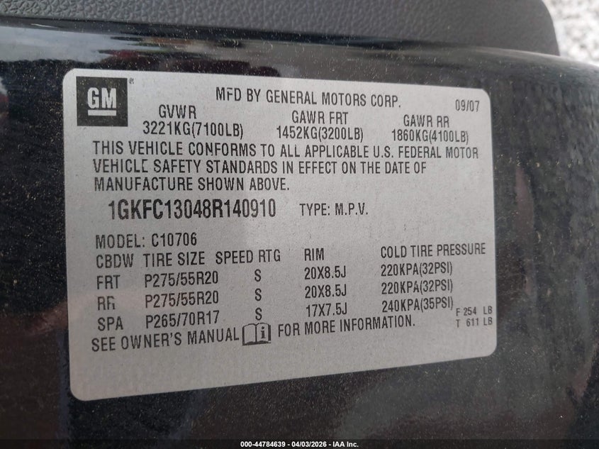 2008 GMC Yukon Slt VIN: 1GKFC13048R140910 Lot: 44784639