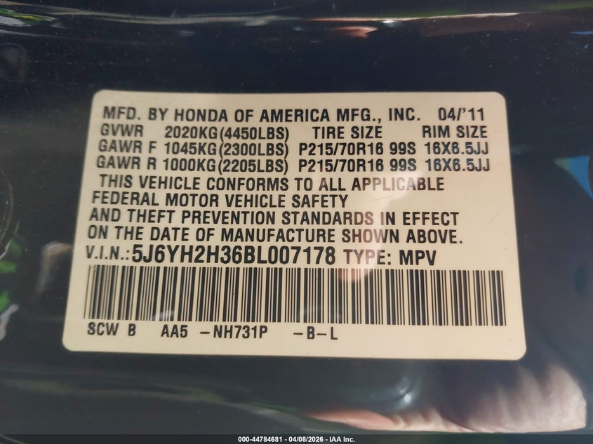 2011 Honda Element Lx VIN: 5J6YH2H36BL007178 Lot: 44784681