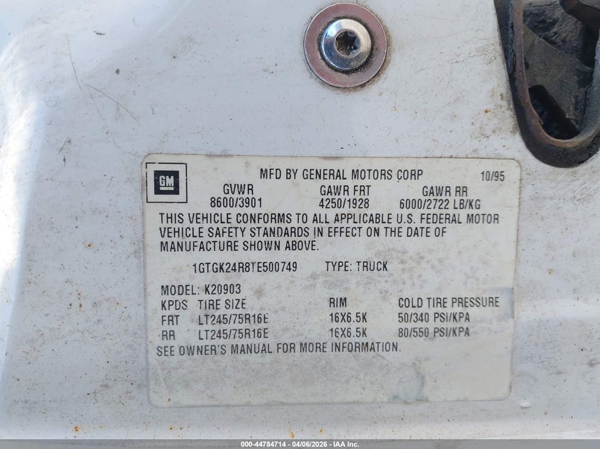 1996 GMC Sierra K2500 VIN: 1GTGK24R8TE500749 Lot: 44784714