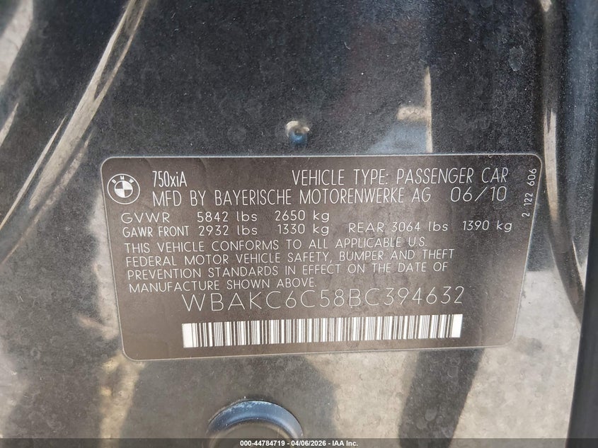 2011 BMW 750I xDrive VIN: WBAKC6C58BC394632 Lot: 44784719