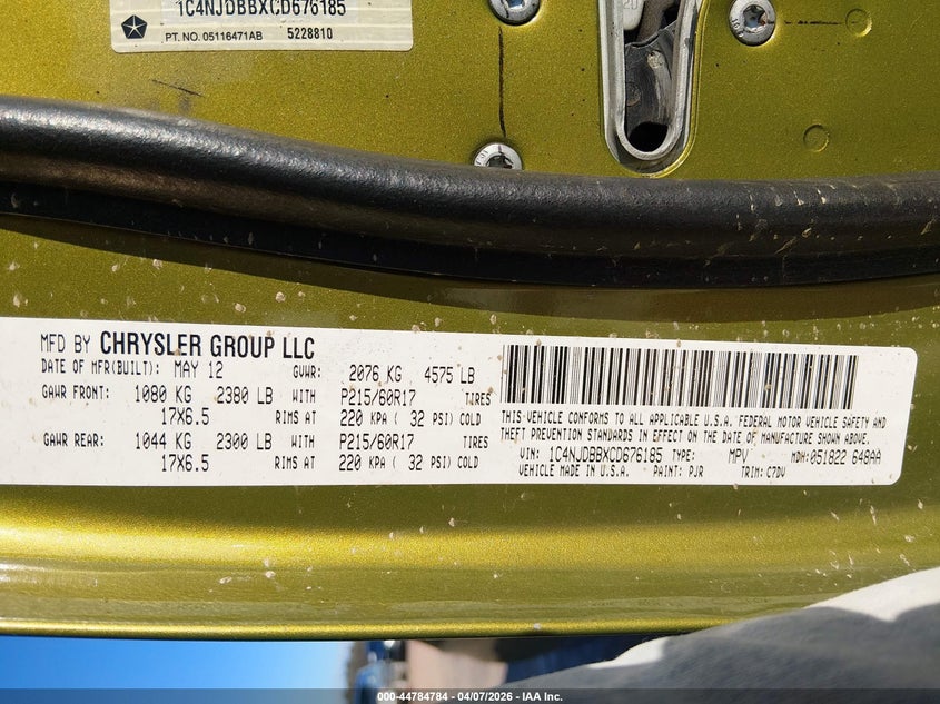 2012 Jeep Compass Sport VIN: 1C4NJDBBXCD676185 Lot: 44784784