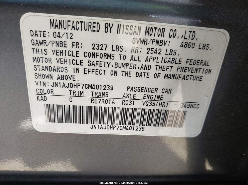 2012 Infiniti Ex35 Journey VIN: JN1AJ0HP7CM401239 Lot: 44784785