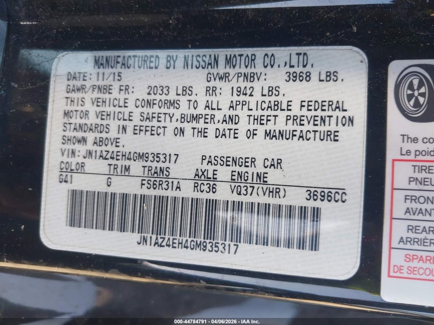 2016 Nissan 370Z Sport Tech VIN: JN1AZ4EH4GM935317 Lot: 44784791