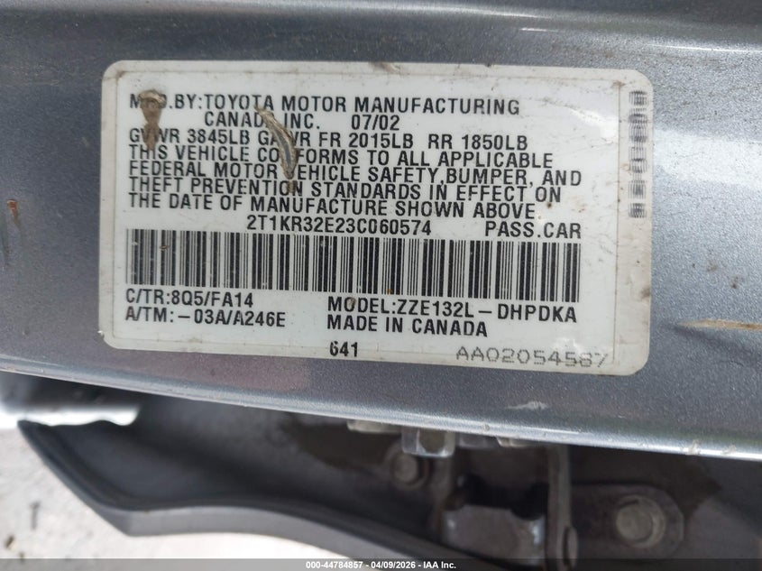 2003 Toyota Matrix Standard VIN: 2T1KR32E23C060574 Lot: 44784857