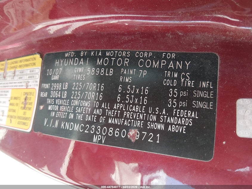 2008 Hyundai Entourage Gls/Limited VIN: KNDMC233086049721 Lot: 44784877