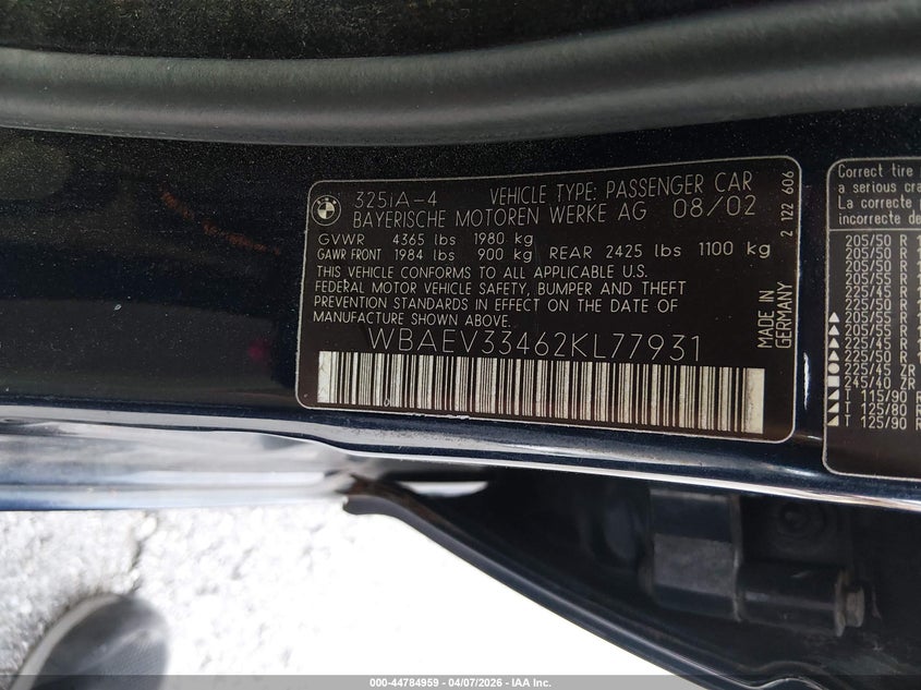 2002 BMW 325I VIN: WBAEV33462KL77931 Lot: 44784959
