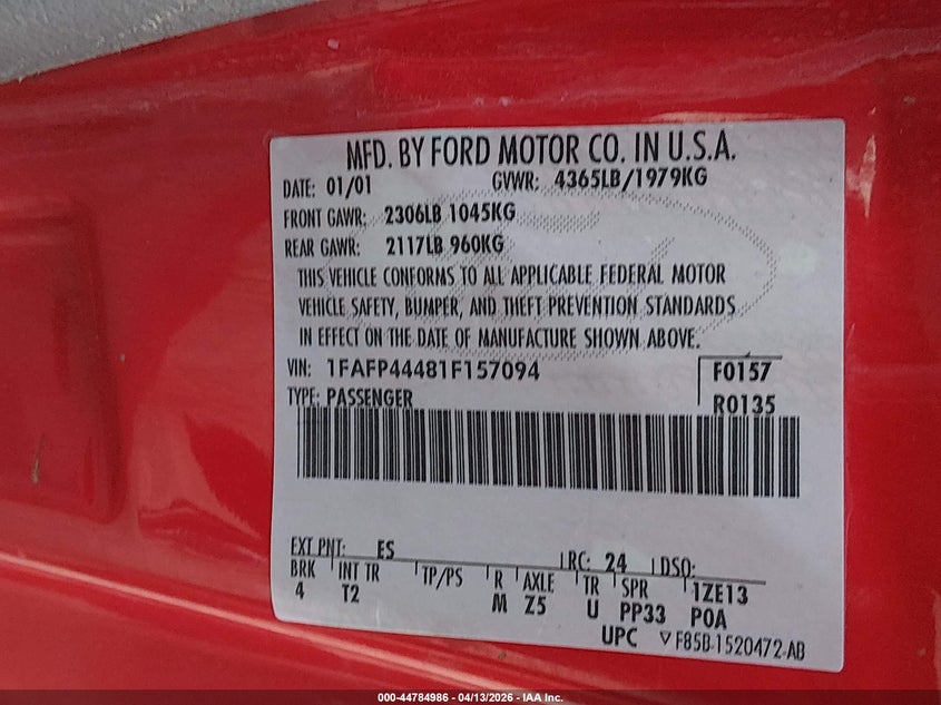 2001 Ford Mustang VIN: 1FAFP44481F157094 Lot: 44784986