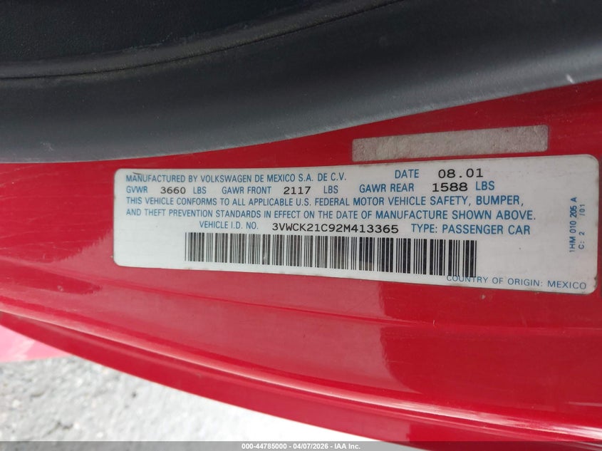 2002 Volkswagen New Beetle Gls VIN: 3VWCK21C92M413365 Lot: 44785000