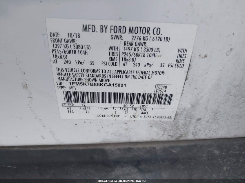 2019 Ford Explorer 3.5 White Lot 111044785054 Vin 1FM5K7B86KGA15801