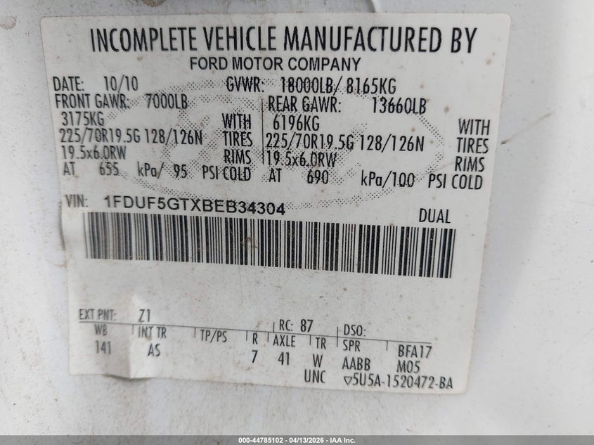 2011 Ford F-550 Chassis Xl VIN: 1FDUF5GTXBEB34304 Lot: 44785102