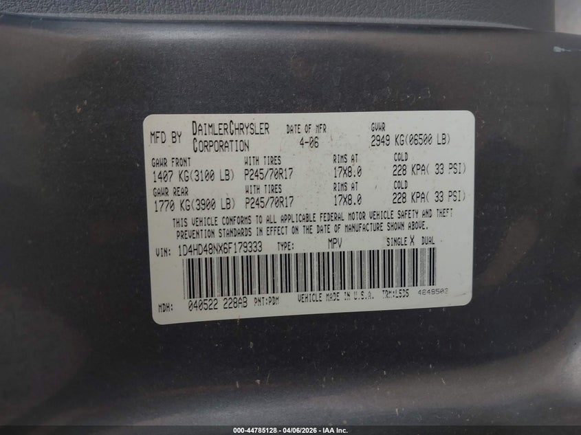 2006 Dodge Durango Slt VIN: 1D4HD48NX6F179333 Lot: 44785128