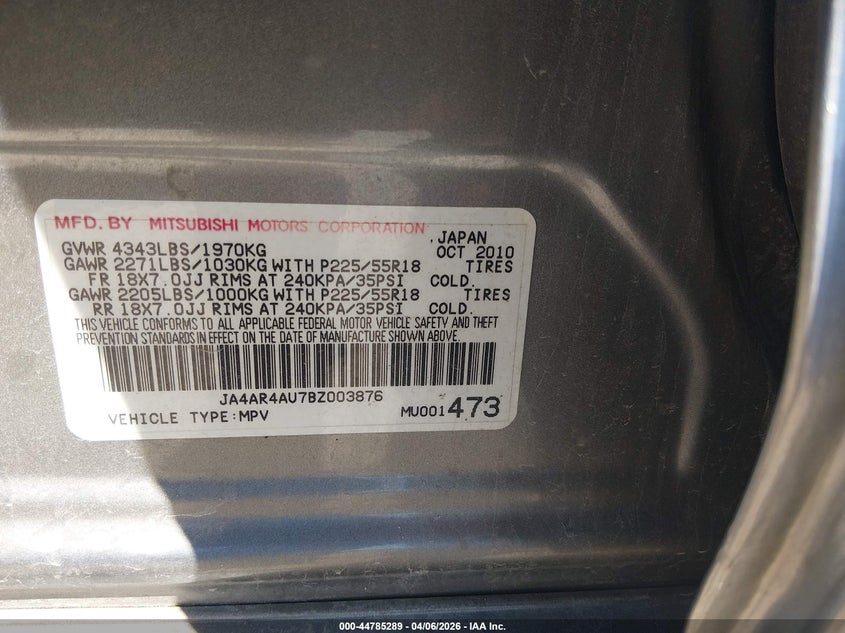 2011 Mitsubishi Outlander Sport Se VIN: JA4AR4AU7BZ003876 Lot: 44785289