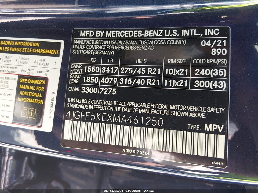 2021 Mercedes-Benz Gls 450 4Matic VIN: 4JGFF5KEXMA461250 Lot: 44785293