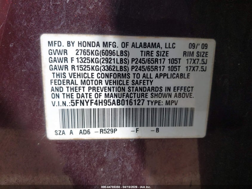 2010 Honda Pilot Touring VIN: 5FNYF4H95AB016127 Lot: 44785350