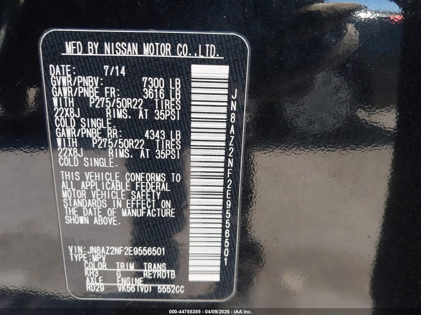 2014 Infiniti Qx80 VIN: JN8AZ2NF2E9556501 Lot: 44785389