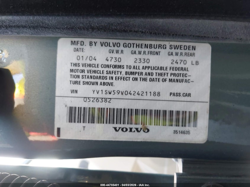 2004 Volvo V70 2.5T VIN: YV1SW59V042421188 Lot: 44785401