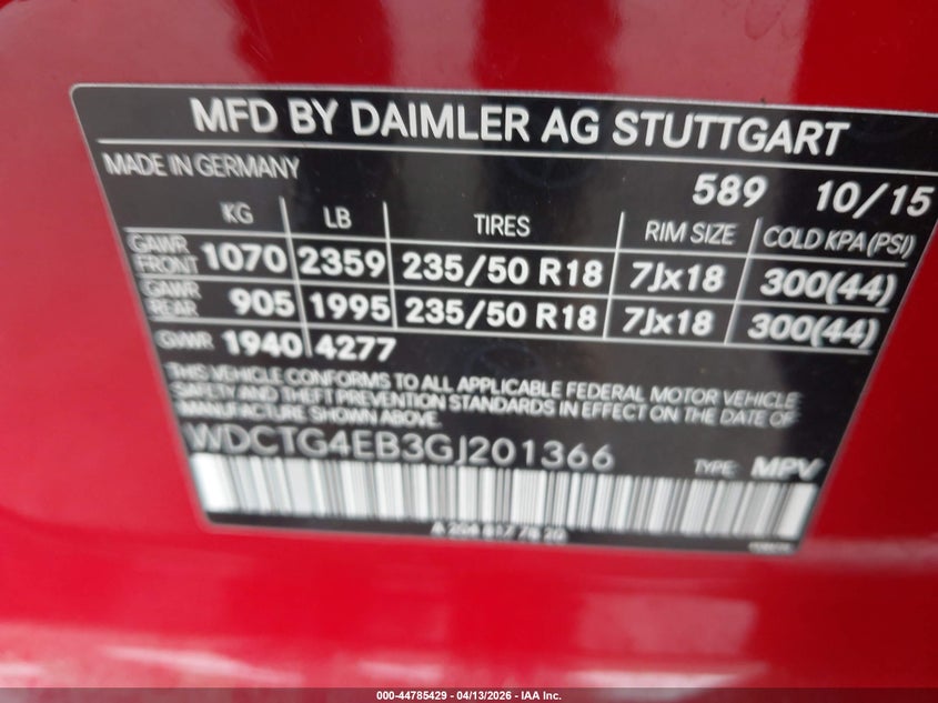 2016 Mercedes-Benz Gla 250 VIN: WDCTG4EB3GJ201366 Lot: 44785429